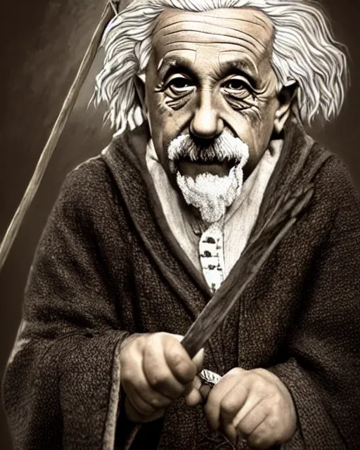 Image similar to Albert Einstein as Gandalf, Lord of the Rings, elegant robe, portrait art, wooden glowing staff, dark fantasy forest, fine details, perfect, 8k high detail, masterpiece, trending on ArtStation