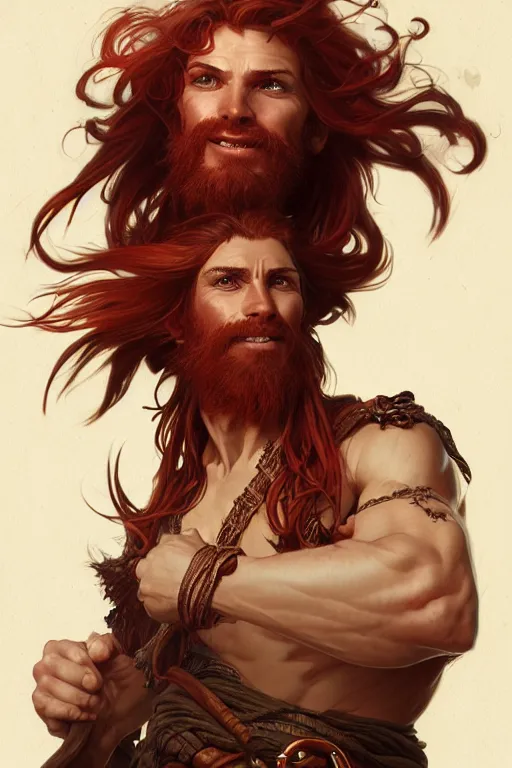 Image similar to portrait of a young ruggedly handsome but joyful pirate, male, masculine, full body, red hair, long hair, fantasy, intricate, elegant, highly detailed, digital painting, artstation, concept art, matte, sharp focus, illustration, art by artgerm and greg rutkowski and alphonse mucha