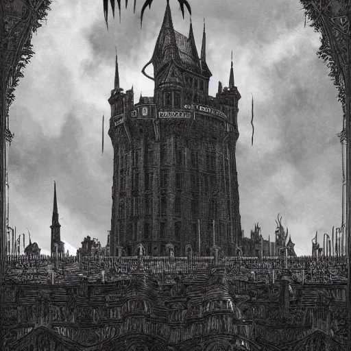 Prompt: an ultra detailed black and white tarot card of a lonely and impossibly tall ominous gothic dark citadel tower of the evil patriarch, battlements, castle wall, portcullis, in a river elevated high above the city, scary gothic architecture, ultrawide lense, aerial photography, exquisite detail, 8 k, art by greg rutkowski and alphonse mucha