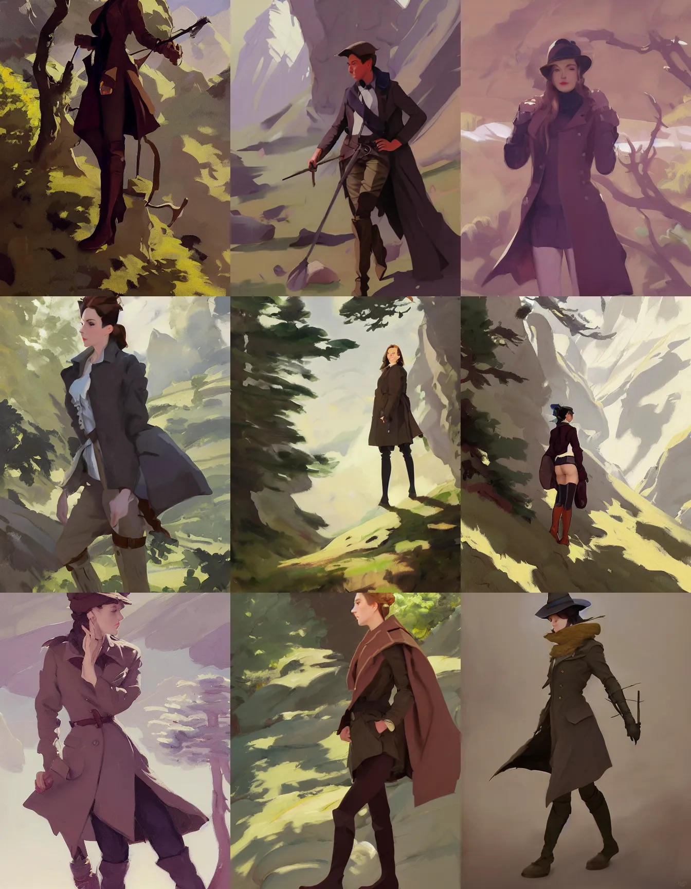 Image similar to cloth fabric jodhpurs knee high boots travel coat fashion, solo hiking in mountains trees, greg manchess painting by sargent and leyendecker, studio ghibli, fantasy, asymmetrical, intricate, elegant, matte painting, illustration, hearthstone, by greg rutkowski, by greg tocchini, by james gilleard, by joe fenton