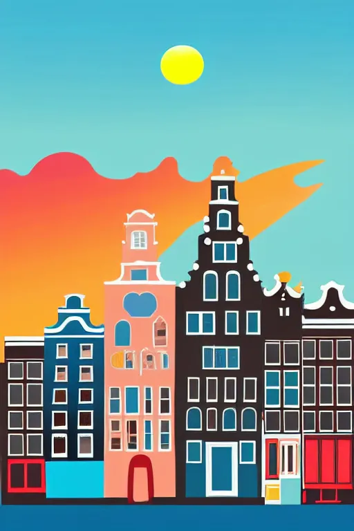 Prompt: minimalist boho style art of colorful amsterdam at sunrise, illustration, vector art