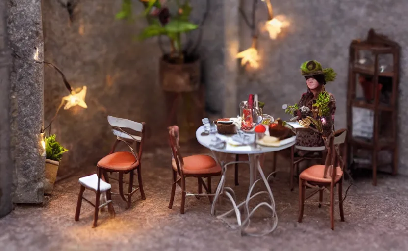 Image similar to mini cafe for mice diorama macro photography, ambient, atmospheric photograph, string lights, romantic