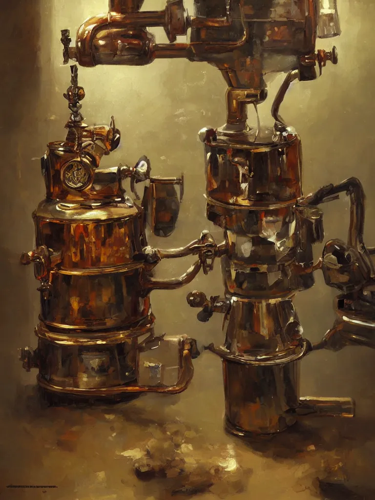 Image similar to oil painting of an ancient coffee machine, by Simon Stalenhaag, by Yoshita Amano, by Esao Andrews, sharp focus, fresh colors, conceptart, trending on artstation