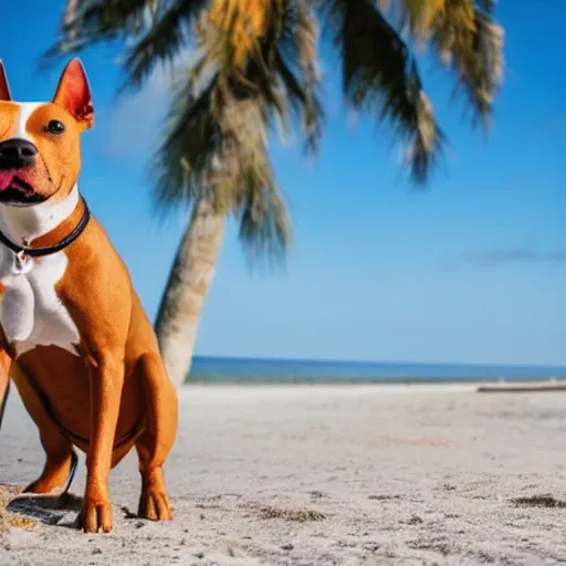 Image similar to an american pitpull terrier on an island beach with palm trees in the background