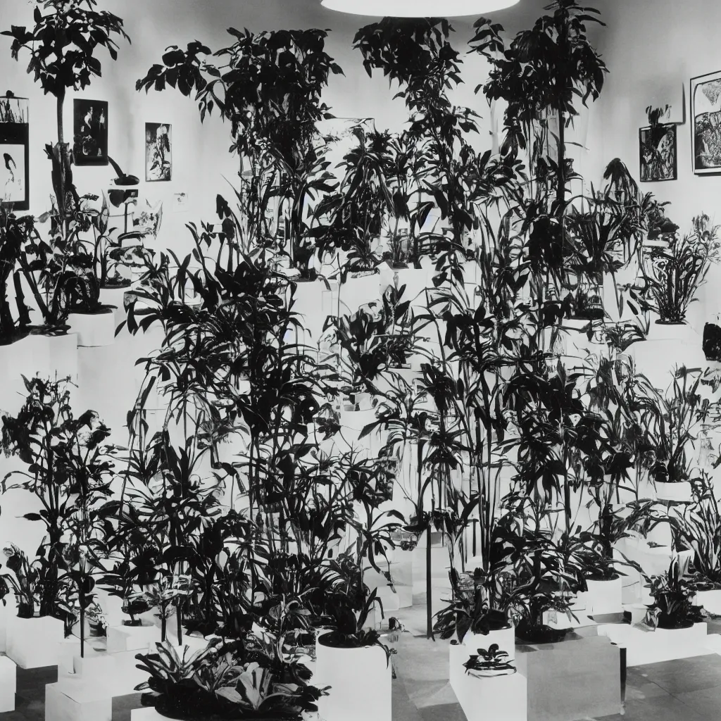 Image similar to A black and white photography of an exhibition space with works of Sun Ra, Marcel Duchamp and tropical plants, 60s, offset lithography print