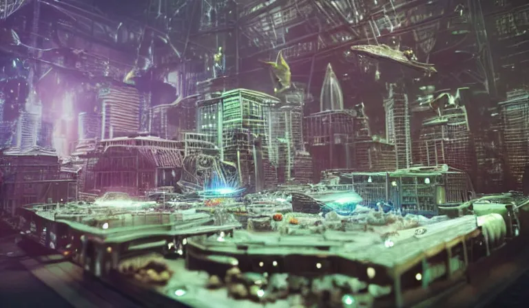 Image similar to crowd of people in simple warehouse, looking at hologram of futuristic city on a table, cinematic concept art, godrays, golden hour, natural sunlight, 4 k, clear details, tabletop model buildings, center model buildings, hologram center, crane shot, crane shot, crane shot