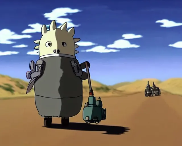 Image similar to a cell shaded cartoon grey six legged mechanic wolf from howl's moving castle ( 2 0 0 4 ), with a big head, on a desert road, wide shot, studio ghibli, hq