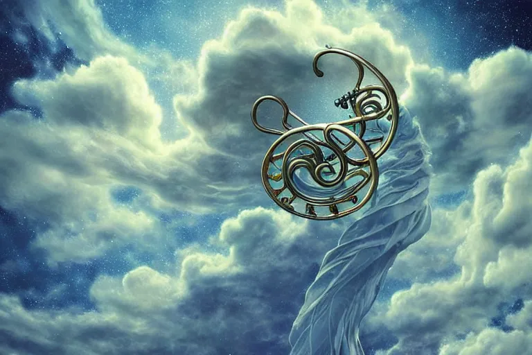 Image similar to a huge flock of many intricate elegant french horn tuba cloud filigreed cloud sculptures, art nouveau redwood forest environment, soothing, milky way, award winning art, epic dreamlike fantasy landscape, ultra realistic,