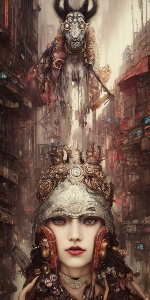 Image similar to hyper realistic Princess Mononoke, ornate mask, wet market street, cyberpunk metropolis, city landscape, jewels, style of tom bagshaw, mucha, james gurney, norman rockwell, denoised, sharp