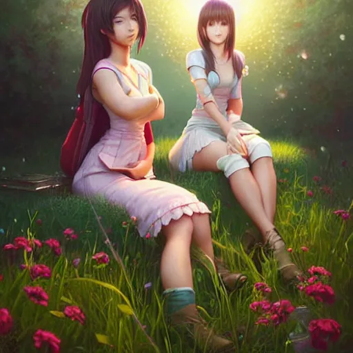 Image similar to aerith and yuffie from final fantasy 7 remake by tom bagshaw, sitting in a flower field by ilya kuvshinov, rtx reflections, maya, extreme high intricate hyperrealistic details by wlop, digital art by ross tran, medium shot, composition by sana takeda, dramatic lighting by greg rutkowski