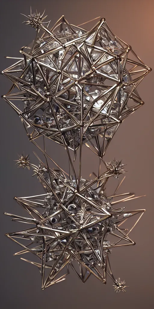 Prompt: a photorealistic render of a metallic neotribal octahedron with thorns, made of liquid metal, c 4 d, by zhelong xu and ernst haeckel, wide angle, hyper realistic, plain background, 8 k, volumetric lightning, octane render