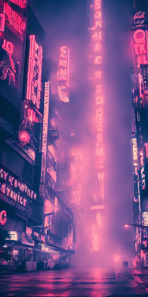 Image similar to city streets, neon signs, giant screens, eerie fog, blade runner, ex machina