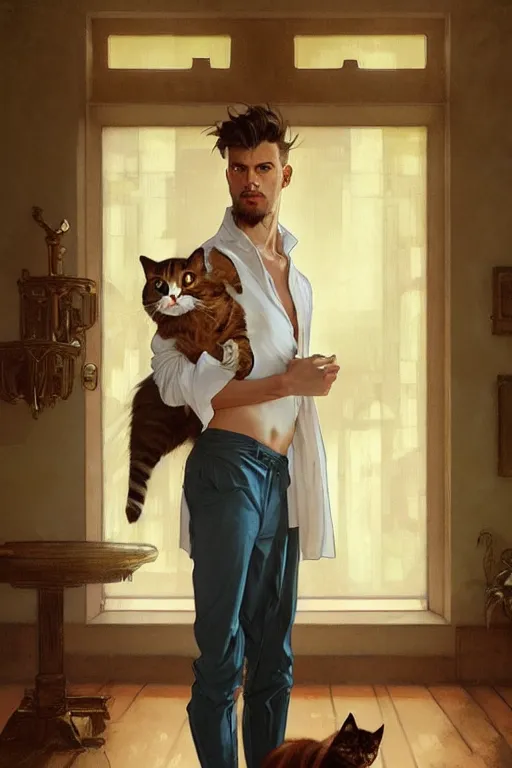 Image similar to full body portrait of a single beautiful young fit man, modern haircut, open shirt, large pants, holding a kitty in his arms, by greg rutkowski and alphonse mucha, d & d character, in front of a modern room background, highly detailed portrait, digital painting, artstation, concept art, smooth, sharp focus ilustration, artstation hq