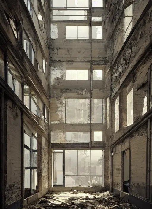 Prompt: “derelict architecture single building , the windows are broken, building designed by architect Jeanne Gang , architecture digest, building surrounded in a luxury environment, bright tones, fluorescent lighting,volumetric Lighting, photorealism, high detail, golden ratio, cinematic, octane renderer”