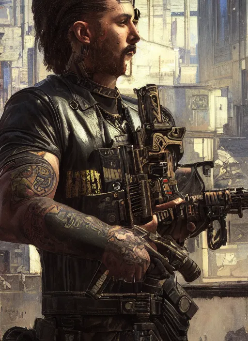 Prompt: clever Anders. cyberpunk mercenary with tattoos wearing a military vest and combat gear. (Cyberpunk 2077, bladerunner 2049). Iranian orientalist portrait by john william waterhouse and Edwin Longsden Long and Theodore Ralli and Nasreddine Dinet, oil on canvas. Cinematic, hyper realism, realistic proportions, dramatic lighting, high detail 4k