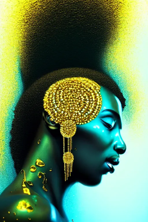 Image similar to hyperrealistic modern cinematic very expressive! profile black oshun goddess, head emerging from water, mirror dripping droplet!, gold flowers, highly detailed face, digital art masterpiece, smooth eric zener cam de leon, dynamic pearlescent teal light, low angle uhd 8 k, sharp focus