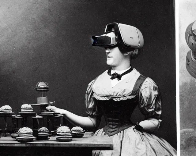 Image similar to an early 1800s photo of someone with a virtual reality headset, a tablefull of Big Macs behind them