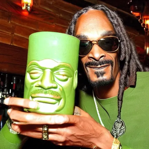 Image similar to snoop dogg at trader vic's bar holding a tiki mug with his face on it