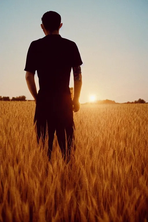 Image similar to agfa vista 4 0 0 photograph of a guy with intricate back tattoos standing in a wheat field, back view, lens flare, moody lighting, moody vibe, telephoto, 9 0 s vibe, blurry background, grain, tranquil, calm, faded!,