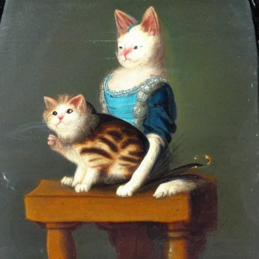 Image similar to an eighteenth century highly detailed oil painting of a kitten wearing a chef's outfit