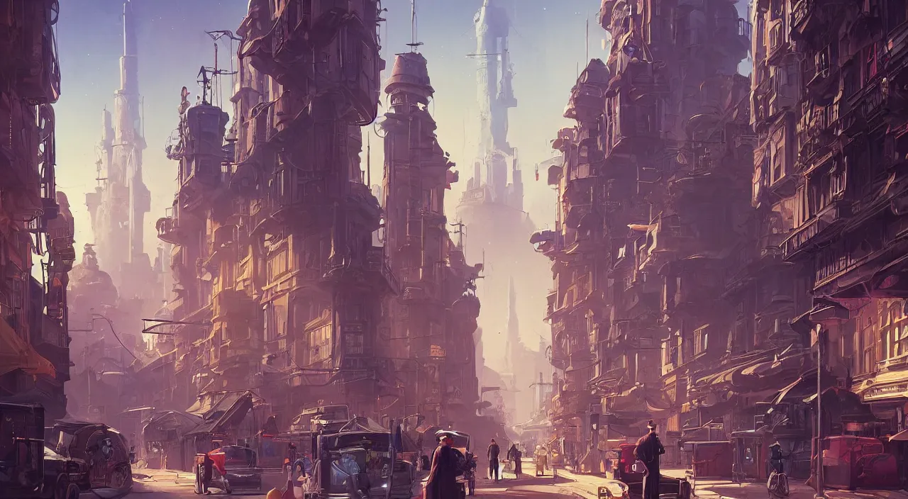 Image similar to a street level painting towards the horizon with high detail, sci - fi colorful victorian city with a victorian astronaut in the foreground at noon with sharp shadows by tyler edlin and sparth, wide angle lens, 4 k, vray, art nouveau influences. roger deakins, cinematic cinematography.