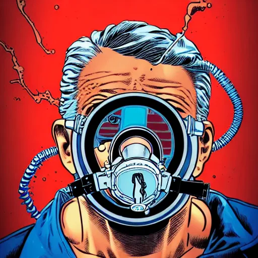 Image similar to a profile photo of an old man with a diving oxygen mask with side profile blood in ocean intricate details by MARVEL comics and Sandra Chevrier-C