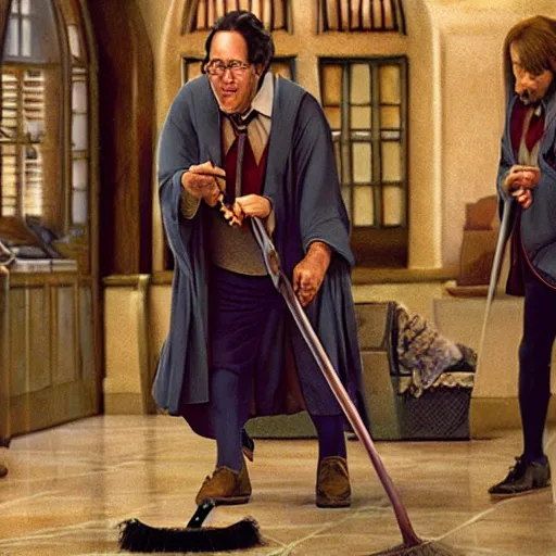 Prompt: movie still of chevy chase comically flying a broom in hogwarts, movie still, high resolution, highly detailed, realistic lighting, artstation