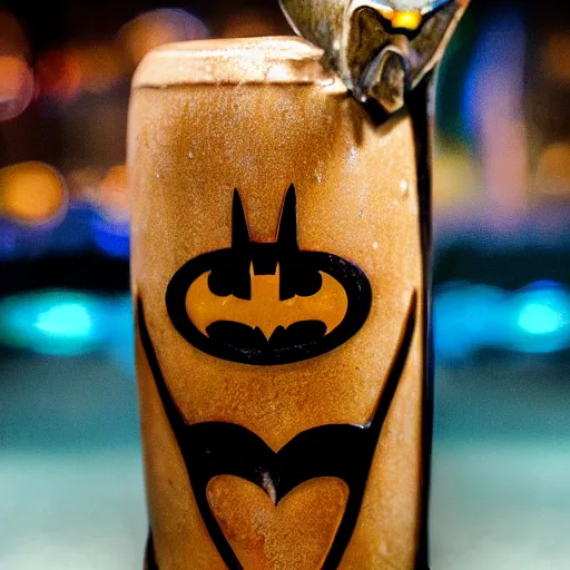 Image similar to a closeup photorealistic photograph of a batman style tiki mug sitting at a trader vic's beach bar featuring batman's face. tiki theme. tiki party. bright scene. fine detail. this 4 k hd image is trending on artstation, featured on behance, well - rendered, extra crisp, features intricate detail, epic composition and the style of unreal engine.