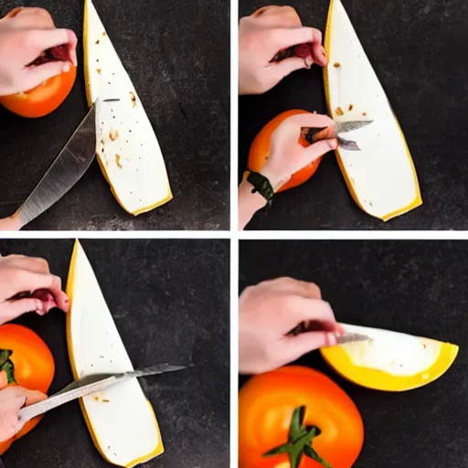 Prompt: tomato and mozzarella being cut by a long blade in the style of fruit ninja