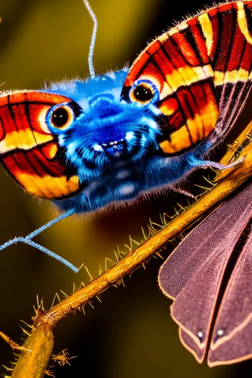 Image similar to high quality macro photo cute puss moth caterpillar! highly detailed hannah yata elson peter cinematic blue lighting high quality low angle hd 8k sharp shallow depth of field