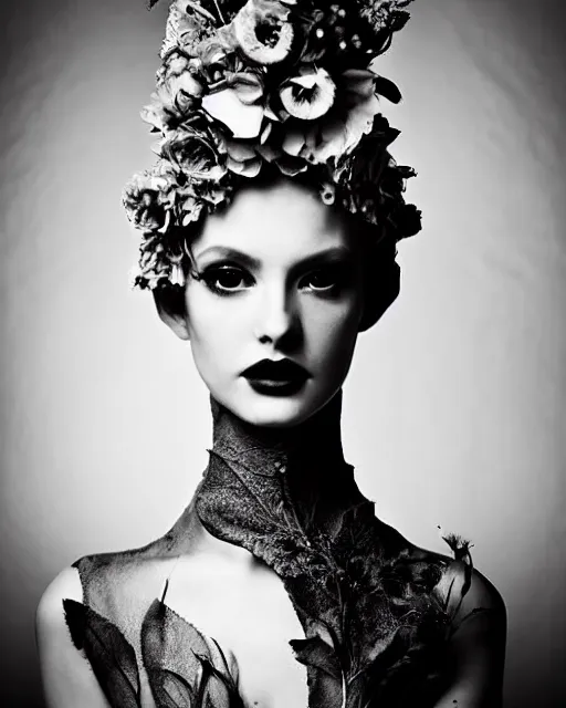 Image similar to a black and white high quality dreamy photo of a young beautiful female queen-pale dragon-vegetal-many flower-cyborg bust with a very long neck, elegant, highly detailed, poetic, soft, dreamy, mysterious, high fashion, rim light, in the style of Ellen von Unwerth, Realistic, Refined, Digital Art, Highly Detailed, Cinematic Lighting, rim light, black and white, photo-realistic, 8K