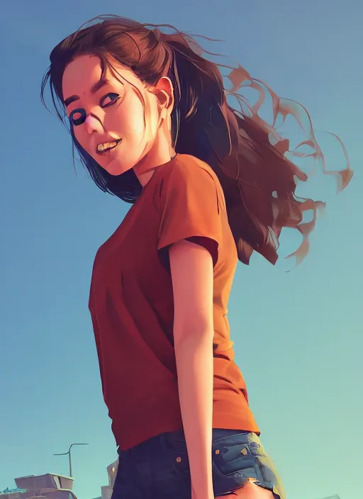 Prompt: digital art of a beautiful girl wearing a shirt standing in front of a ruined apartment complex, desert composition, sunlit, vector art, by artgerm, by greg rutkowski, anime style, octane render, bright colors, face!!!! close - up
