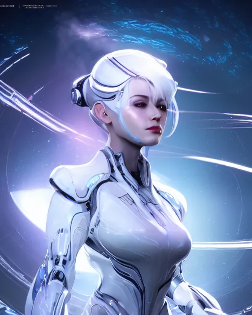 Image similar to photo of a beautiful girl on a mothership, android, warframe armor, pretty face, scifi, futuristic, galaxy, raytracing, dreamy, perfect, aura of light, pure, white hair, blue cyborg eyes, glow, insanely detailed, artstation, innocent look, art by gauthier leblanc, kazuya takahashi, huifeng huang