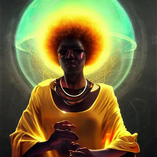 Image similar to afrofuturistic techno - mage uploading ancestral knowledge to the uni - mind interface, dark fantasy, occult, hyperrealistic, high - quality, surrealist painting, artstation