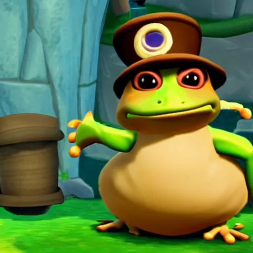 Image similar to screenshot of a cute inspector frog with a brown trenchcoat as an npc in spyro the dragon video game, with playstation 1 graphics, activision blizzard, upscaled to high resolution