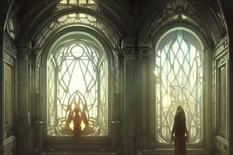 Prompt: a cybernetic room, scifi religious giant window, symmetrical, center punched, Archviz, elegant, intricate, digital painting, artstation, concept art, smooth, sharp focus, illustration, art by artgerm and greg rutkowski and alphonse mucha