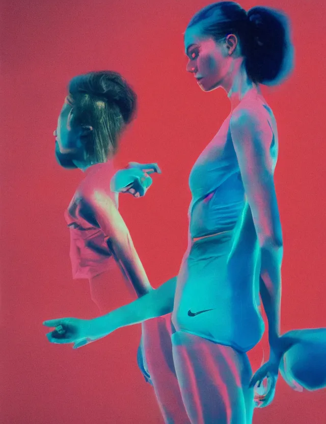 Image similar to nike campaign, blue rays, redshift, wide shot, coloured polaroid photograph, pastel, kodak film, hyper real, stunning moody cinematography, by maripol, fallen angels by wong kar - wai, style of suspiria and neon demon, david hockney, detailed, oil on canvas