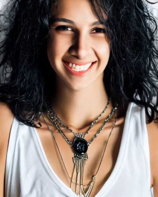 Prompt: a portrait of a beautiful Young female with long disheveled black hair, beautiful and smiling, sweet looks, white skin and reflective eyes, black tank top, black leather shiny jeans, an ankh necklace white colors in the background, 500px photos, top cinematic lighting , cinematic mood, very detailed, shot in canon 50mm f/1.2