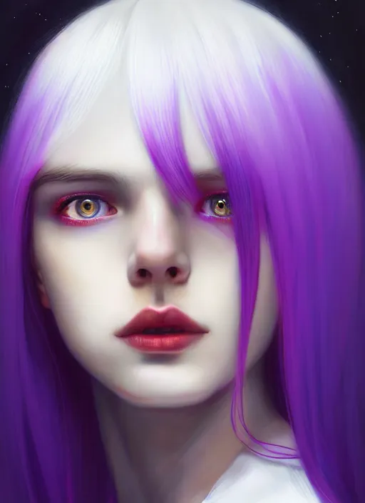 Image similar to hair whitebangs hair, black hair, whitebangs, portrait of teenage girl with white bangs, red irises, purple clothes, white bangs, bangs are different color from hair, intricate, elegant, glowing lights, highly detailed, digital painting, artstation, concept art, smooth, sharp focus, illustration, art by wlop, mars ravelo and greg rutkowski