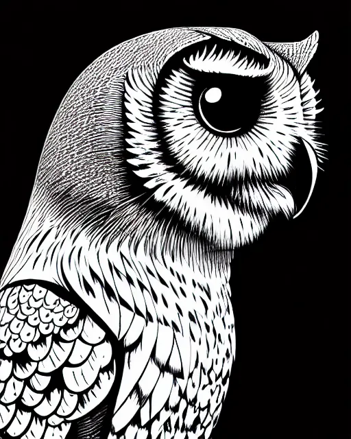 Image similar to side view of a majestic owl, high details, bold line art, by vincent di fate and joe fenton, inking, etching, screen print, masterpiece, trending on artstation, sharp, high contrast, hyper - detailed, hd, 4 k, 8 k