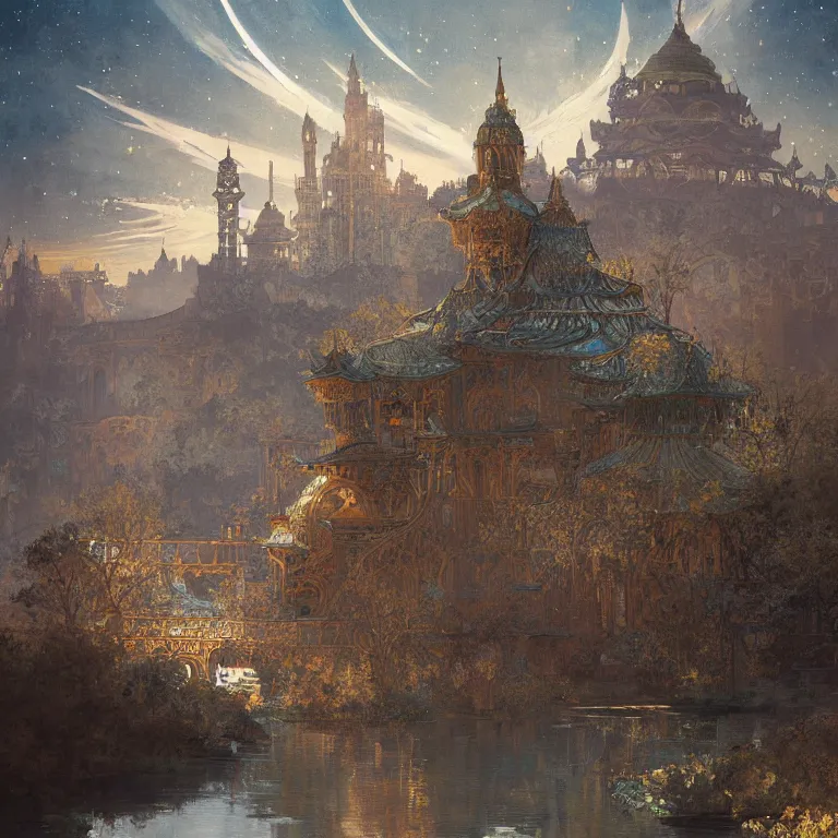 Image similar to a beautiful painting of the view from the river of the stately pleasure domes of kublai khan in xanadu, at night with a sky full of stars, intricate, elegant, highly detailed, digital painting, artstation, concept art, by krenz cushart and artem demura and alphonse mucha