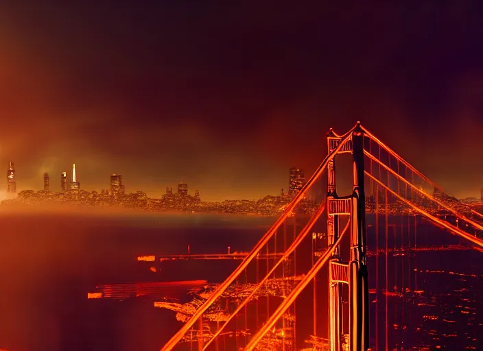 Image similar to cyberpunk scifi scene of san francisco skyline at night, golden gate bridge, artstation, matt painting, very detailed, maximalism, ambient occlusion, volumetric light, atmospheric haze, unreal engine, hyper realism, realistic shading, cinematic composition, realistic render, octane render, detailed textures, photorealistic, wide shot