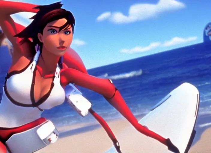 Image similar to a film still of a waman called tracer from overwatch in baywatch ( 1 9 8 9 )