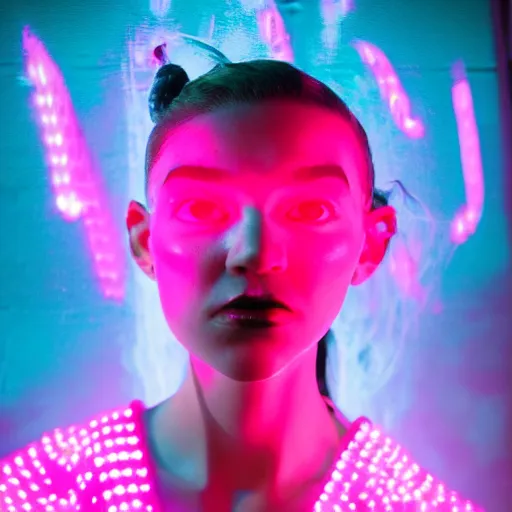 Image similar to grimes on stage dancing, volumetric neon lights in the background, gleaming, 3 5 mm photography, portrait!!!!!!, trending on artstation, 4 k, 8 k, zbrush, mannerism