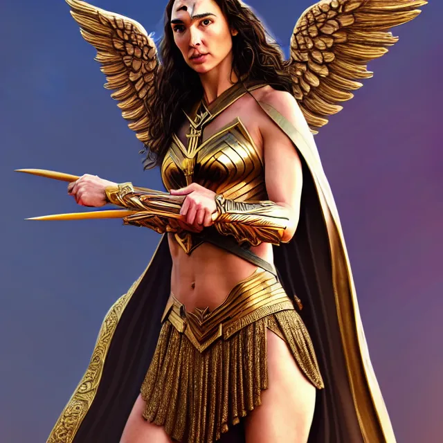 Image similar to beautiful angel warrior queen gal gadot in ornate robes, highly detailed, 8 k, hdr, award - winning, trending on artstation, ann stokes