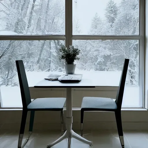 Image similar to “snowy scene low lighting through a window, the room is all white, small table and chair, low light, peaceful scene, environment concept, 4K, UHD”