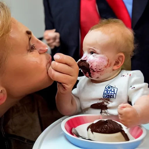 Image similar to a baby with donald trump's head sits in a highchair with chocolate pudding all over his face, gettyimages,