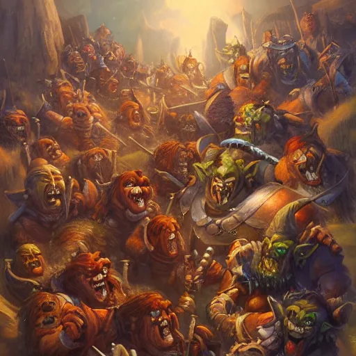 Image similar to battle of trolls orcs goblins dwarfs elves knights, oil painting by justin gerard, deviantart