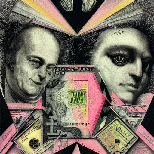 Prompt: post - punk new age album cover, asymmetrical design, in a frame, dollar bank notes, capitalism, magic, apocalypse, psychedelic, black white pink, magic, giger h. r., giuseppe arcimboldo