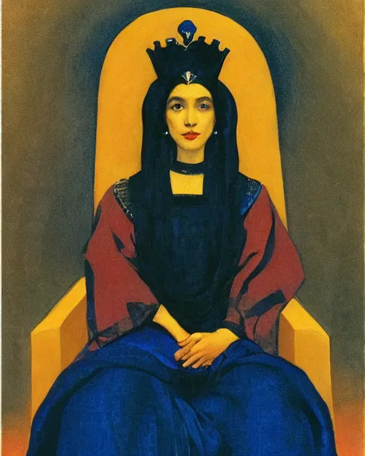 Prompt: an illustration of a queen on a throne at night in the style of johann heinrich fussli and nicholas roerich and georgia o keeffe, realistic, detailed, oil painting